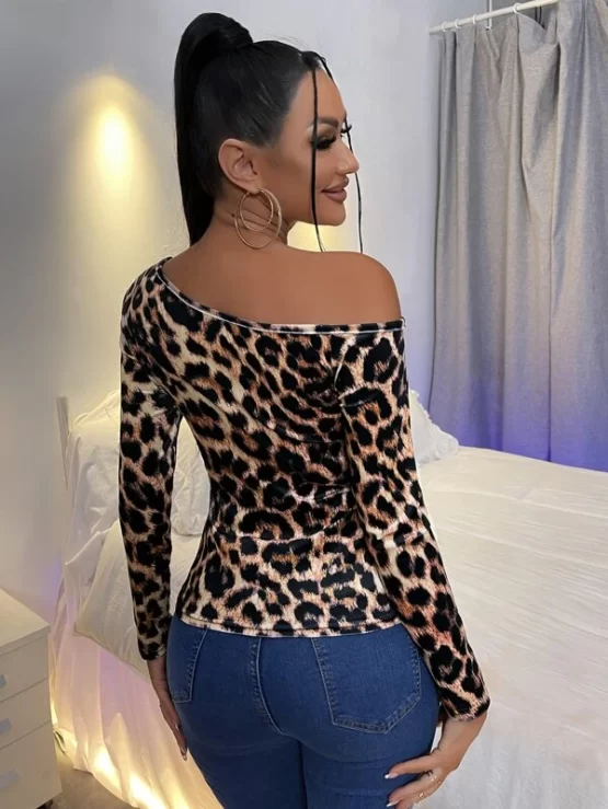 Cheetah Print Asymmetrical Neck Tee - Image 3