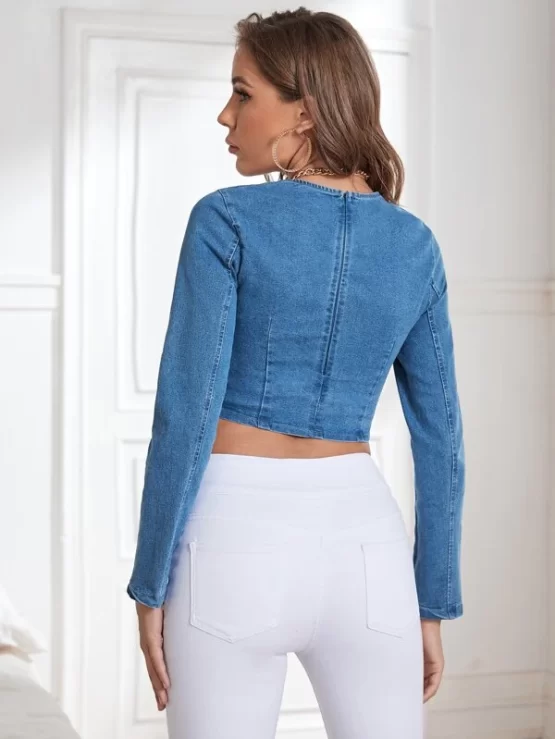Crop Drawstring Milkmaid Denim Top - Image 3