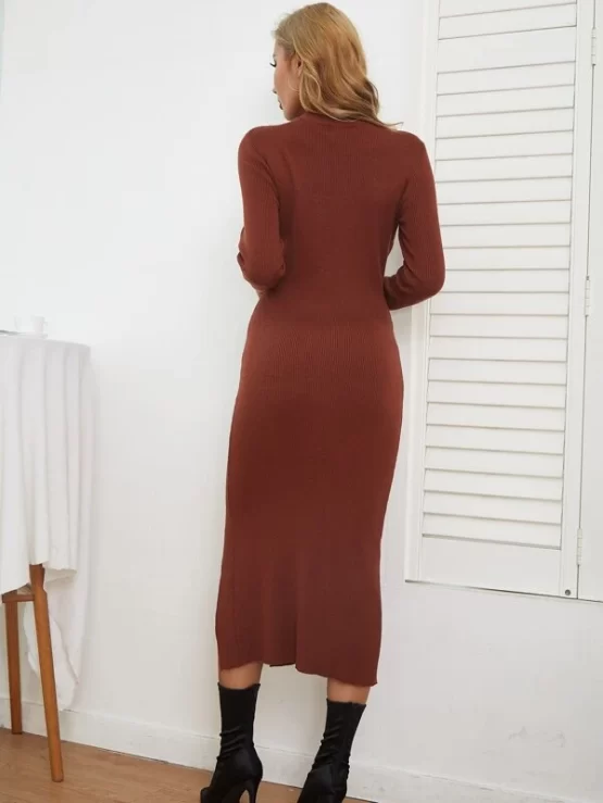 Kate Kasin Stand Collar Twist Cut Out Split Thigh Rib-knit Sweater Dress - Image 3