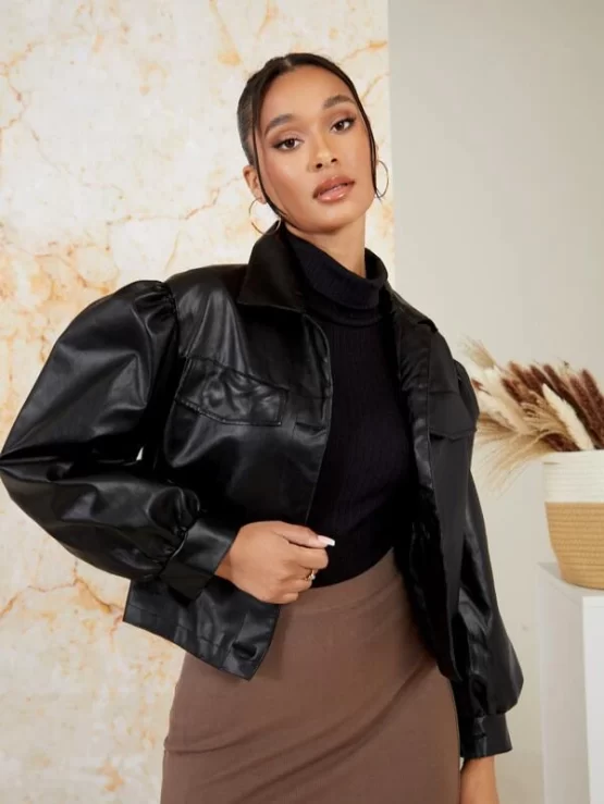 Flap Detail Puff Sleeve PU Leather Jacket - Image 3