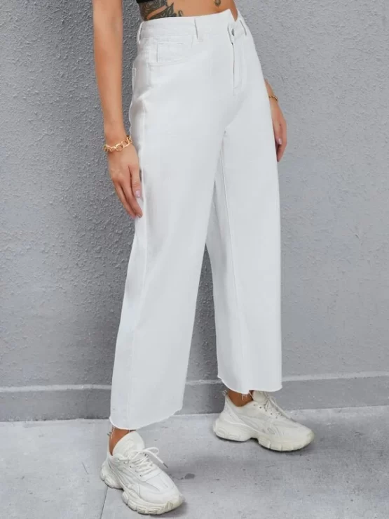 Asymmetrical Waist Raw Cut Wide Leg Jeans - Image 3