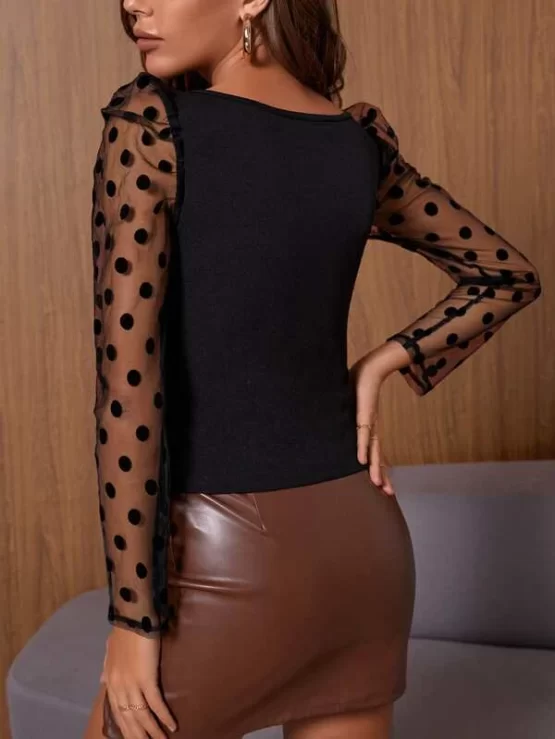 Contrast Dobby Mesh Sweetheart Neck Top - Image 3