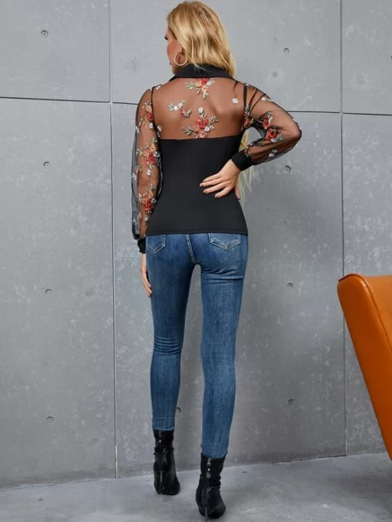 Floral Embroidery Mesh Panel Top - Image 3