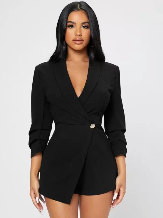 Solid Short Shawl Collar Wrap Romper - Image 8