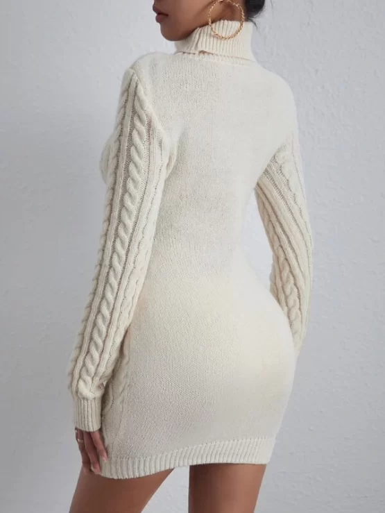 Turtleneck Cable Knit Sweater Dress Without Belt - Image 3