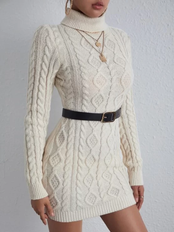 Turtleneck Cable Knit Sweater Dress Without Belt - Image 2
