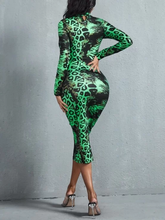 Leopard & Tiger Skin Print Mock Neck Bodycon Dress - Image 2