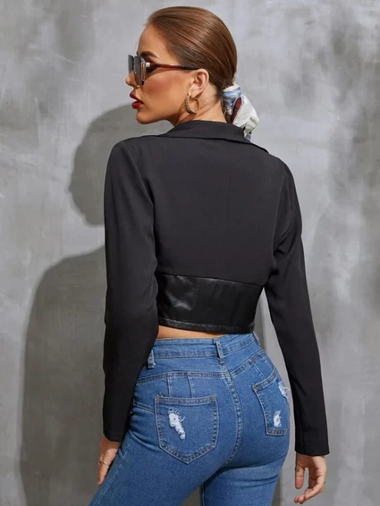 Lapel Collar Ruched Zipper Crop Jacket - Image 2