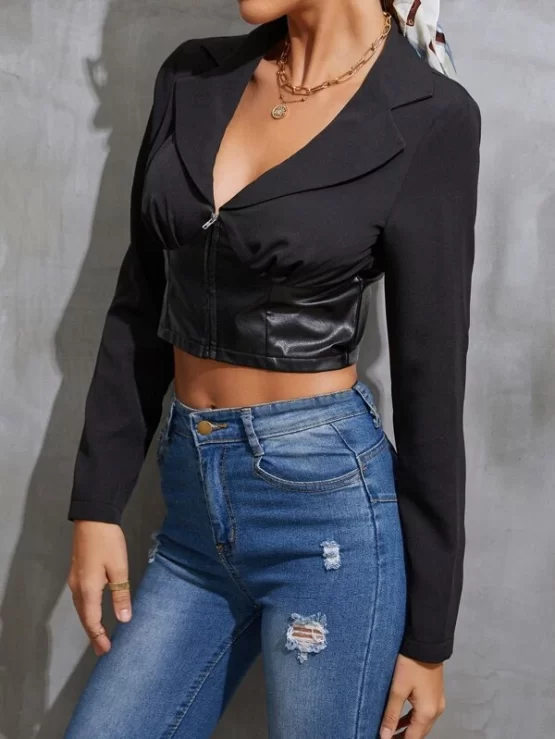 Lapel Collar Ruched Zipper Crop Jacket - Image 3