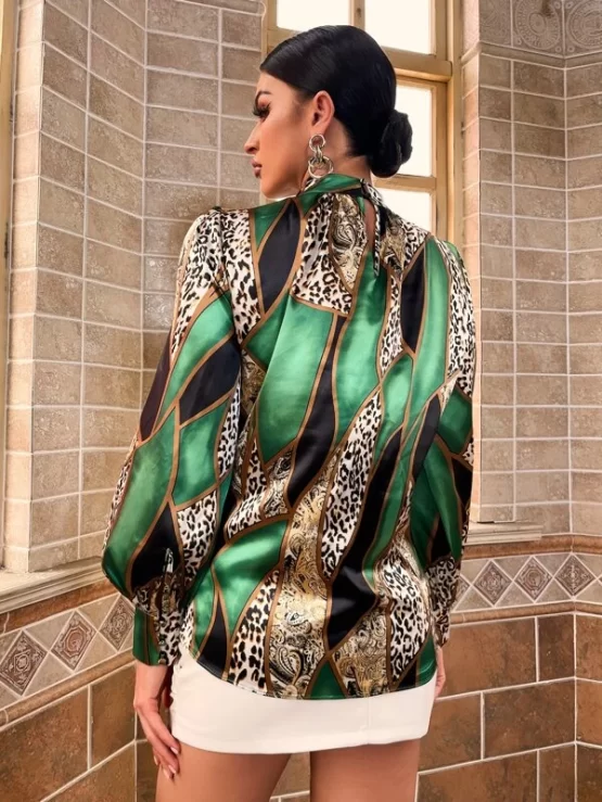 Paisley & Leopard Print Mock Neck Blouse - Image 2