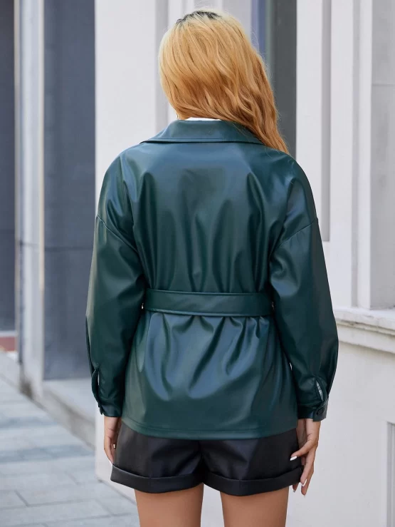 Eilly Bazar Flap Pocket Drop Shoulder Belted PU Leather Coat - Image 2