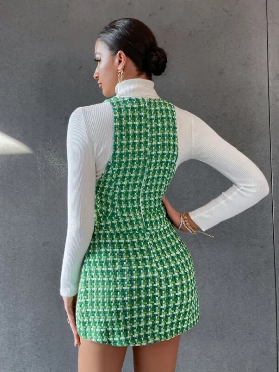 1pc Plaid Sleeveless Tweed Dress - Image 3