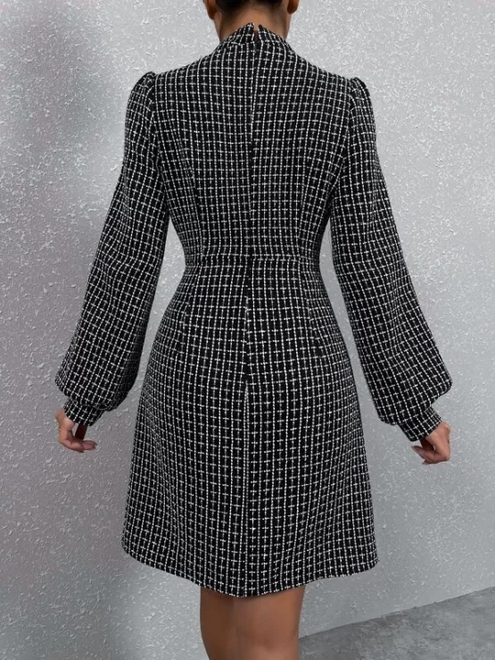 Lantern Sleeve Plaid Tweed Dress - Image 3