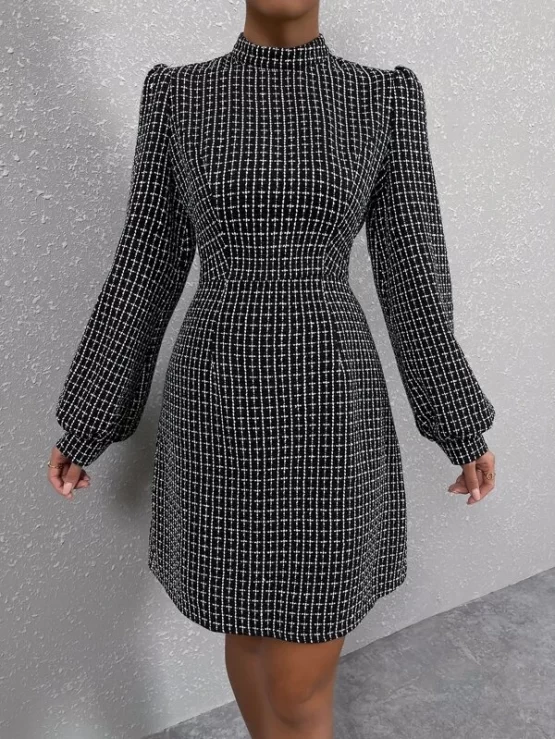Lantern Sleeve Plaid Tweed Dress - Image 2