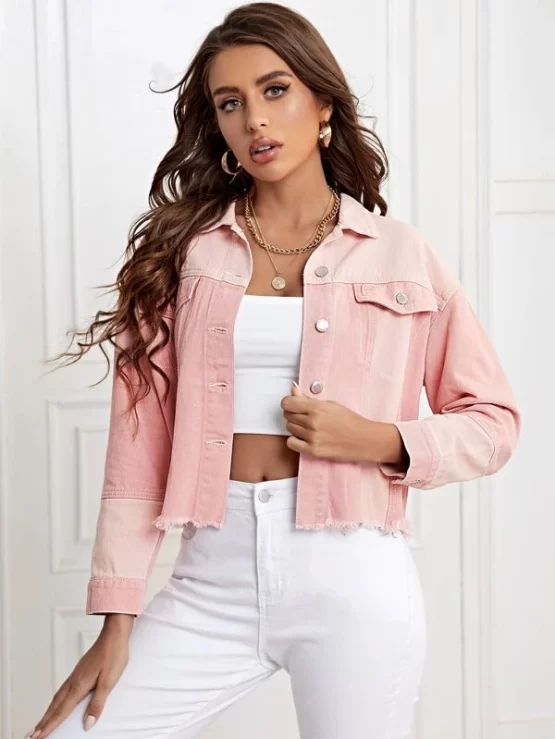 Button Front Raw Hem Denim Jacket - Image 3
