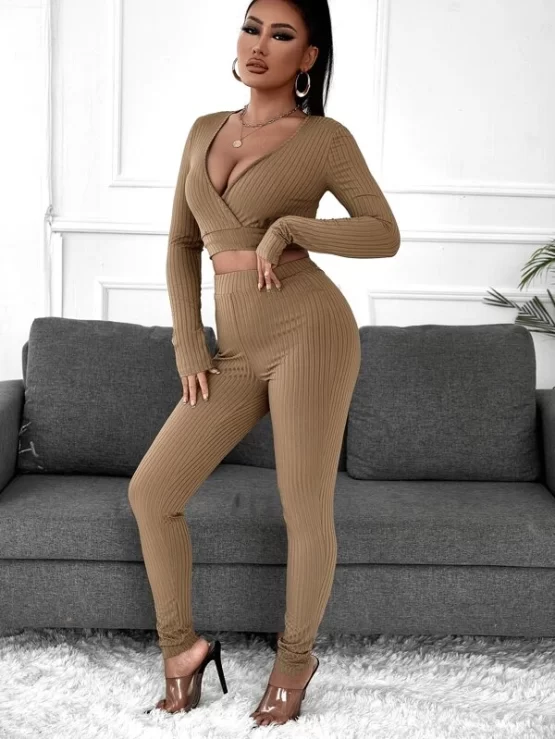 Deep V Neck Tie Back Tee & Leggings - Image 2