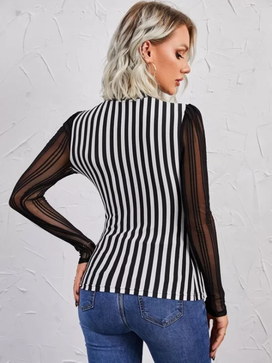 Vertical Stripe Contrast Mesh Tie Neck Top - Image 2