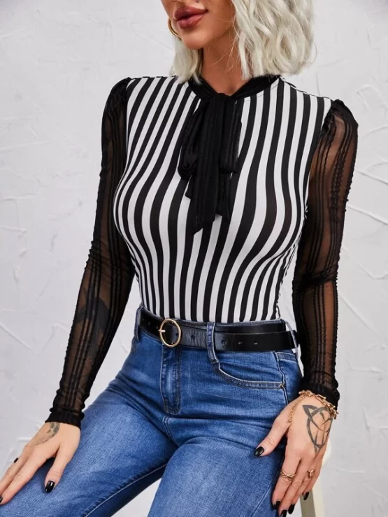 Vertical Stripe Contrast Mesh Tie Neck Top - Image 3