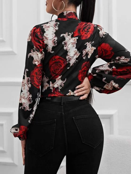 Floral Print Lantern Tie Neck Sleeve Blouse - Image 6