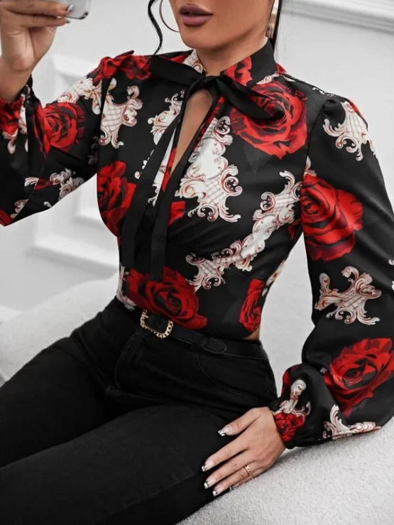 Floral Print Lantern Tie Neck Sleeve Blouse - Image 5