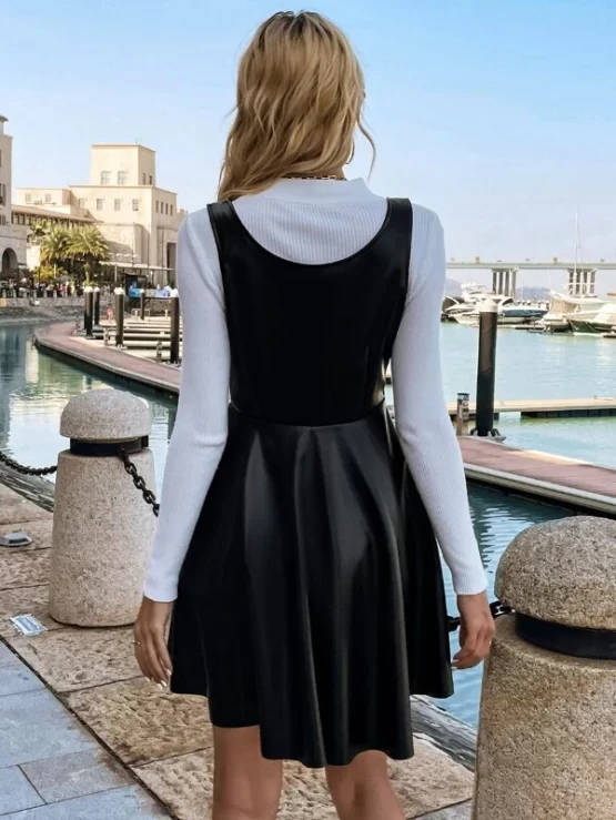 Flare Hem PU Leather Overall Dress Without Tee - Image 2