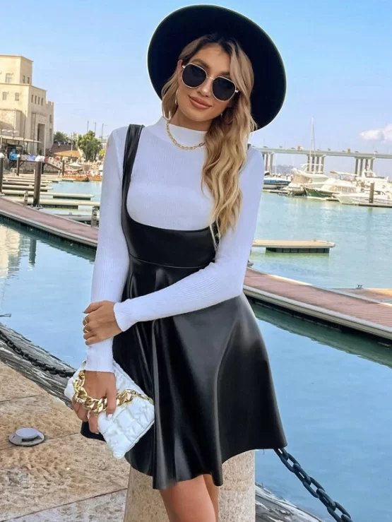 Flare Hem PU Leather Overall Dress Without Tee - Image 3