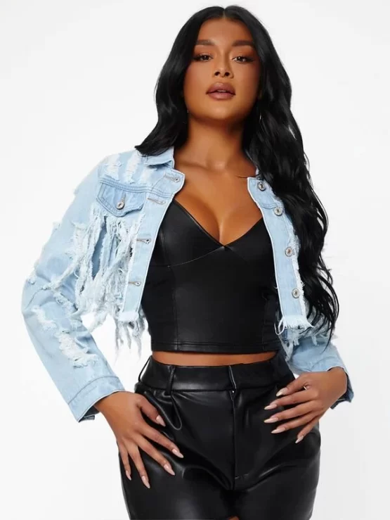 Distressed Hem Button Front Denim Jacket - Image 3