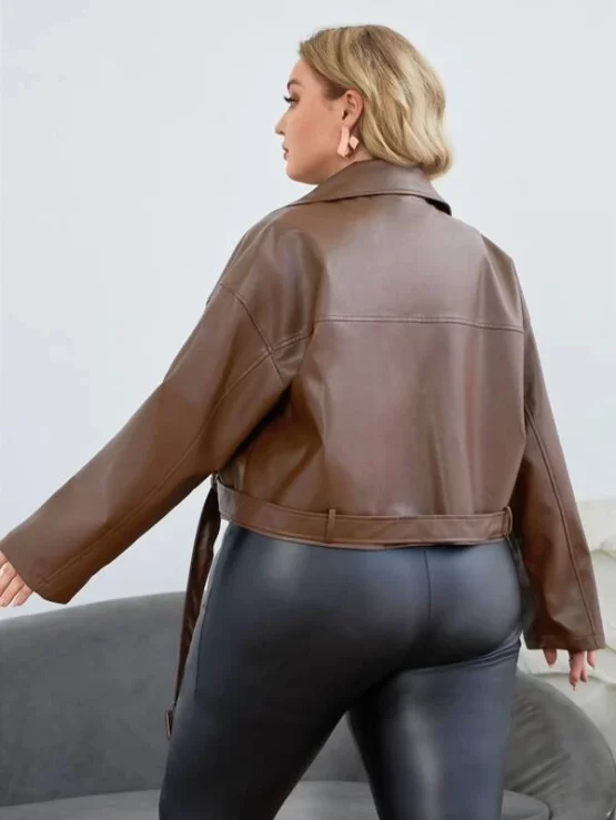 Plus Drop Shoulder Zip Detail Belted PU Moto Leather Jacket - Image 2