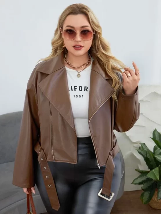 Plus Drop Shoulder Zip Detail Belted PU Moto Leather Jacket - Image 3