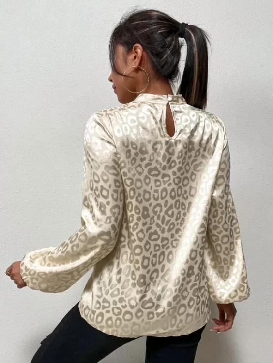 Leopard Jacquard Lantern Sleeve Mock Neck Satin Blouse - Image 3