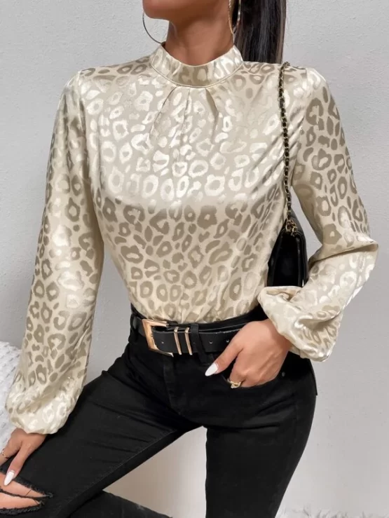 Leopard Jacquard Lantern Sleeve Mock Neck Satin Blouse - Image 2