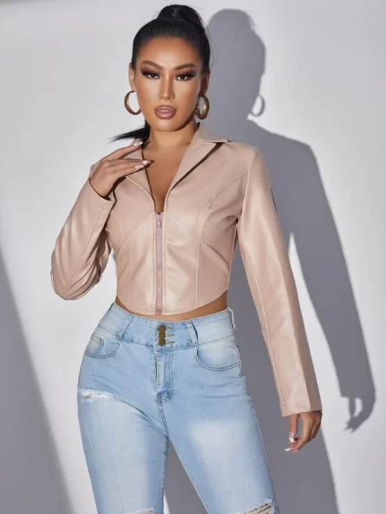 Lapel Collar Zipper Front PU Leather Jacket - Image 2