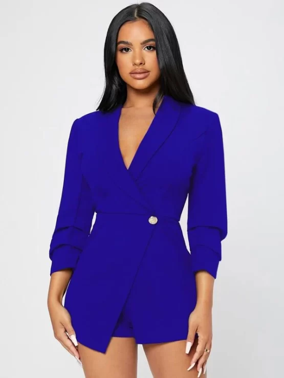 Solid Short Shawl Collar Wrap Romper - Image 6