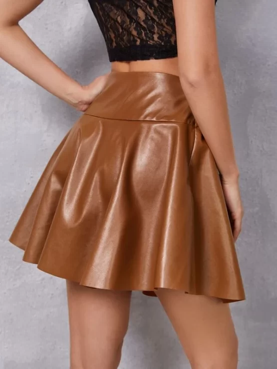 PU High Waist Mini Flare Leather Skirt - Image 3