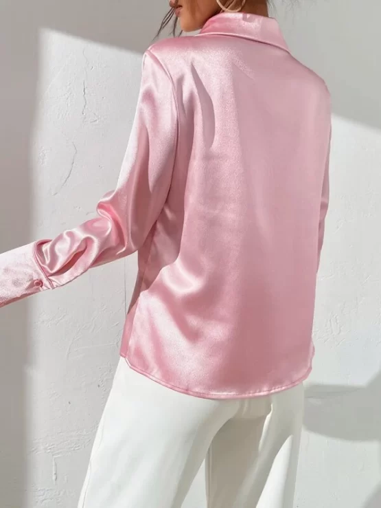 Solid Button Up Satin Blouse - Image 2
