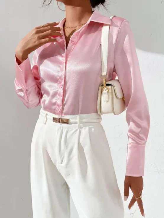 Solid Button Up Satin Blouse - Image 3