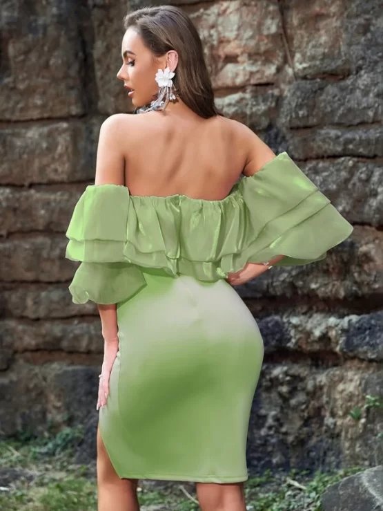Color Block Off Shoulder Ruffle Trim Lantern Sleeve Slit Thigh Bodycon Dress - Image 6