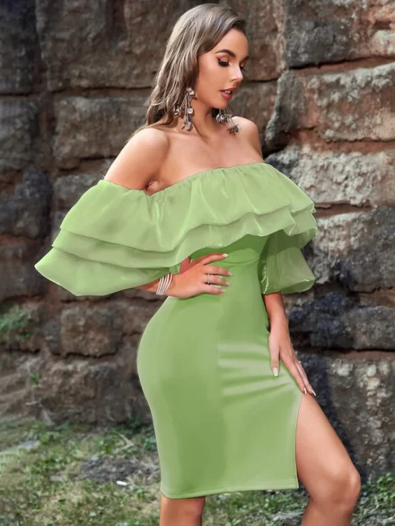 Color Block Off Shoulder Ruffle Trim Lantern Sleeve Slit Thigh Bodycon Dress - Image 5