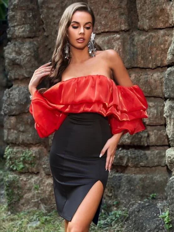 Color Block Off Shoulder Ruffle Trim Lantern Sleeve Slit Thigh Bodycon Dress - Image 2