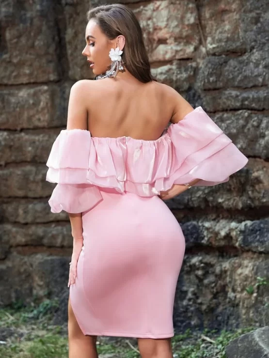 Color Block Off Shoulder Ruffle Trim Lantern Sleeve Slit Thigh Bodycon Dress - Image 11