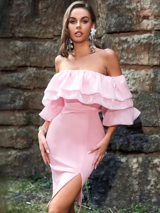 Color Block Off Shoulder Ruffle Trim Lantern Sleeve Slit Thigh Bodycon Dress - Image 12