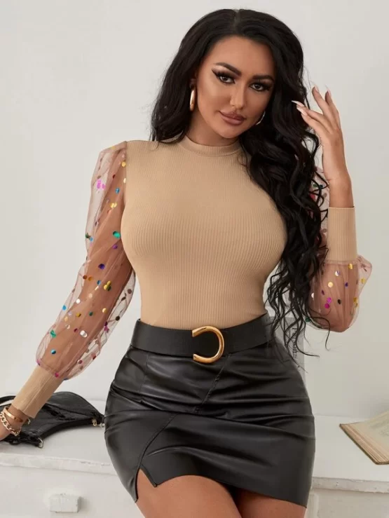 Dobby Mesh Puff Sleeve Stand Collar Rib Knit Top - Image 2