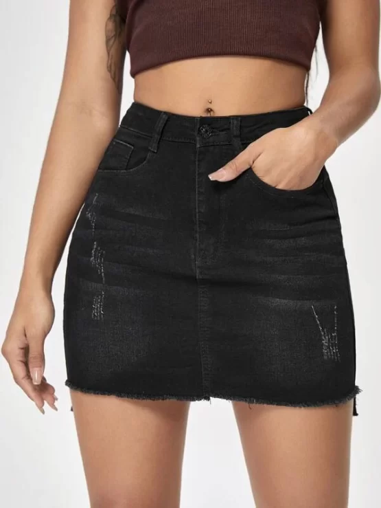 Raw Hem Mini Bodycon Denim Skirt - Image 3