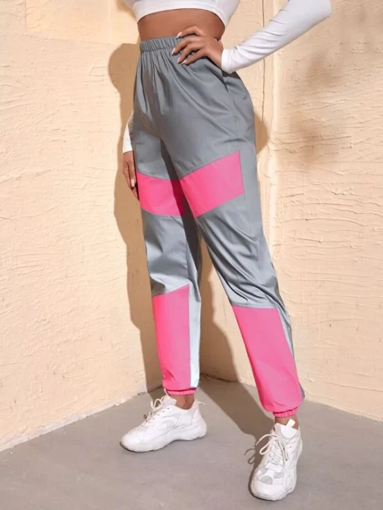 Reflective Color Block Elastic Waist Pants - Image 3
