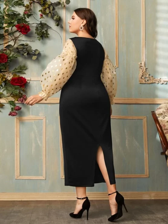 Plus Sweetheart Polka Dot Print Split Hem Dress - Image 2