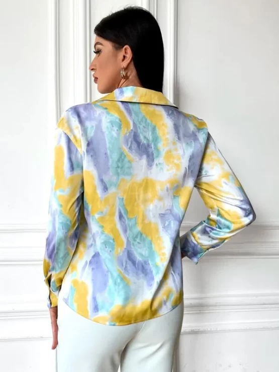 Tie Dye Drop Shoulder Button Front Blouse - Image 2