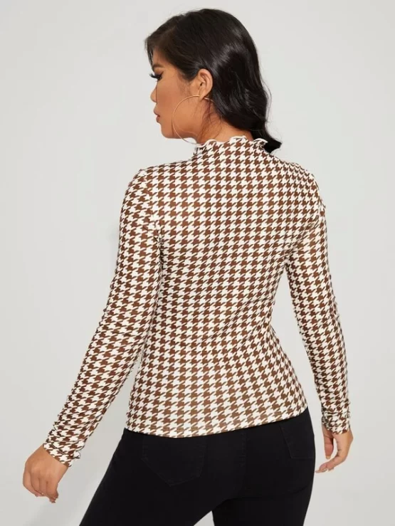 Mock Neck Houndstooth Print Cut Out Slim Tee - Image 2