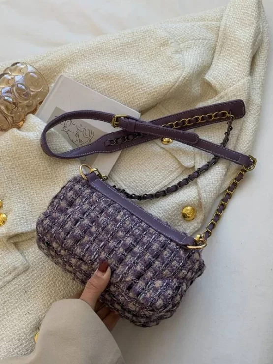 Tweed Plaid Pattern Twist Lock Square Bag - Image 2