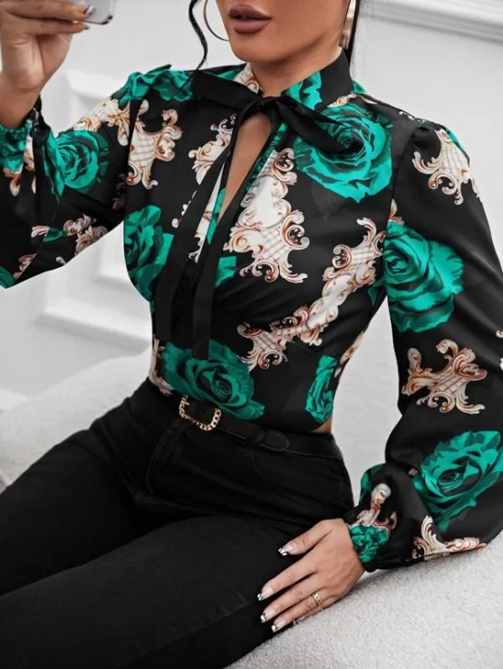 Floral Print Lantern Tie Neck Sleeve Blouse - Image 2
