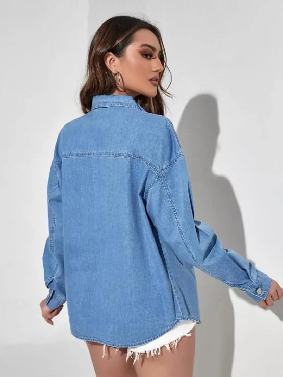 Abstract Figure Graphic Drop Shoulder Button Through Denim Blouse - Image 2